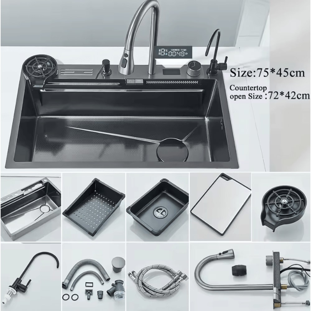 304 Stainless Steel Waterfall Kitchen Sink Large Single Basin With Digital Display Faucet And Soap 9
