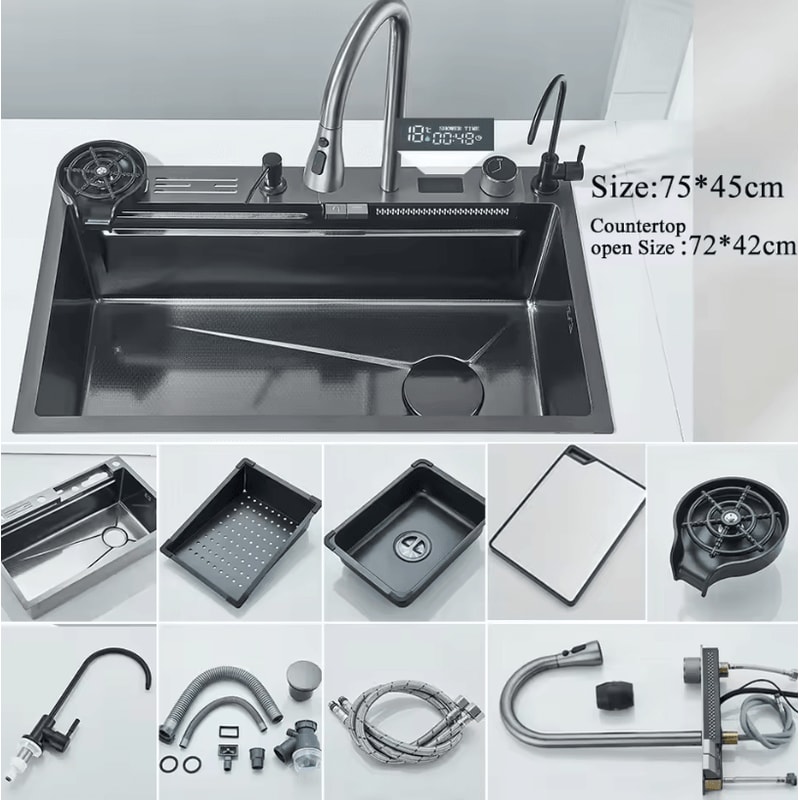 304 Stainless Steel Waterfall Kitchen Sink Large Single Basin With Digital Display Faucet And Soap 9