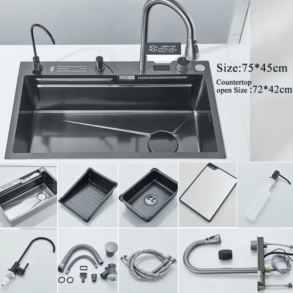 304 Stainless Steel Waterfall Kitchen Sink Large Single Basin With Digital Display Faucet And Soap 10