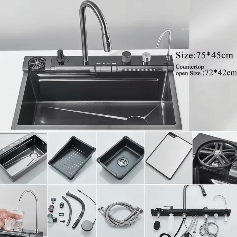 304 Stainless Steel Waterfall Kitchen Sink Large Single Basin With Digital Display Faucet And Soap 11