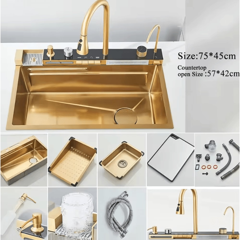 304 Stainless Steel Waterfall Kitchen Sink Large Single Basin With Digital Display Faucet And Soap 12