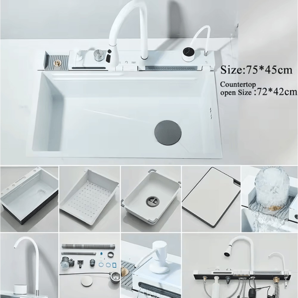 304 Stainless Steel Waterfall Kitchen Sink Large Single Basin With Digital Display Faucet And Soap 13
