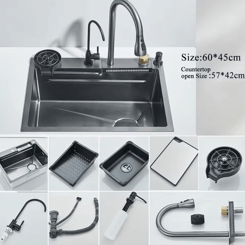 304 Stainless Steel Waterfall Kitchen Sink Large Single Basin With Digital Display Faucet And Soap 14