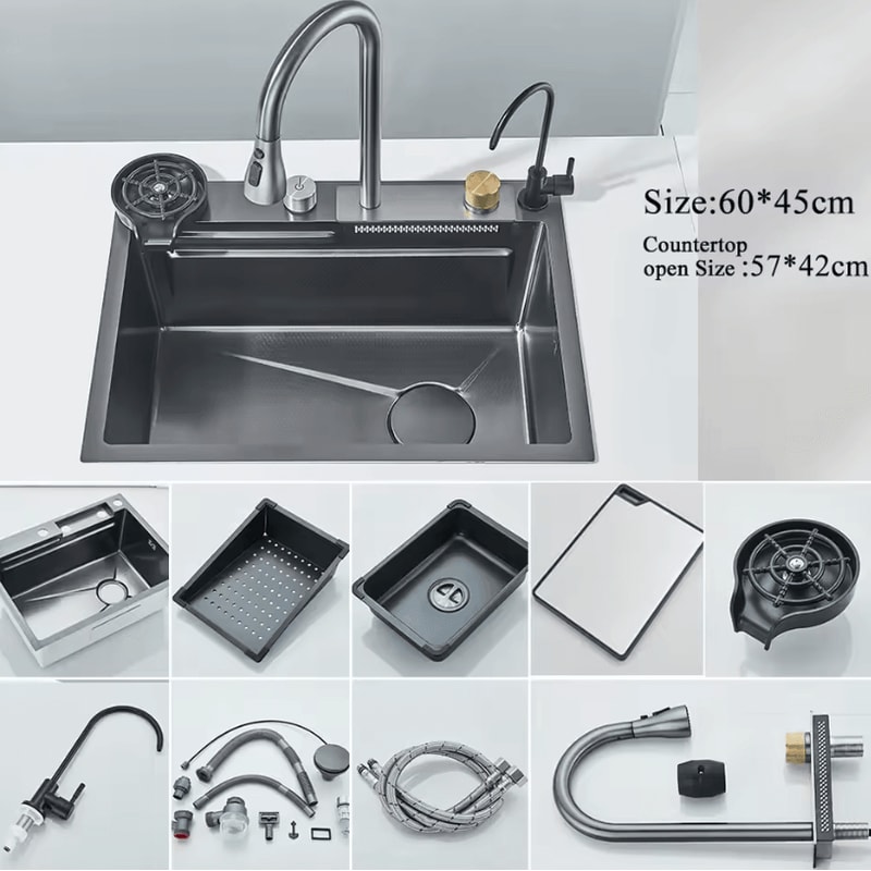 304 Stainless Steel Waterfall Kitchen Sink Large Single Basin With Digital Display Faucet And Soap 8