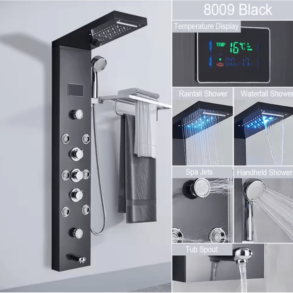 LED Rain Shower Panel System Waterfall And SPA Massage Digital Display Shower Faucet Set 9