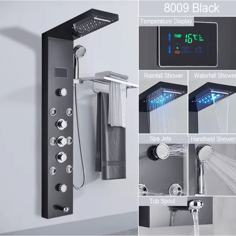LED Rain Shower Panel System Waterfall And SPA Massage Digital Display Shower Faucet Set 9