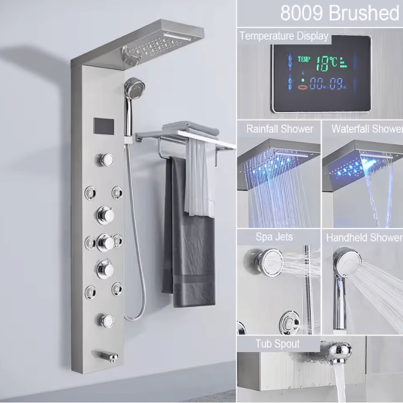 LED Rain Shower Panel System Waterfall And SPA Massage Digital Display Shower Faucet Set 10