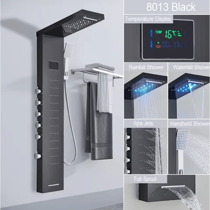 LED Rain Shower Panel System Waterfall And SPA Massage Digital Display Shower Faucet Set 11