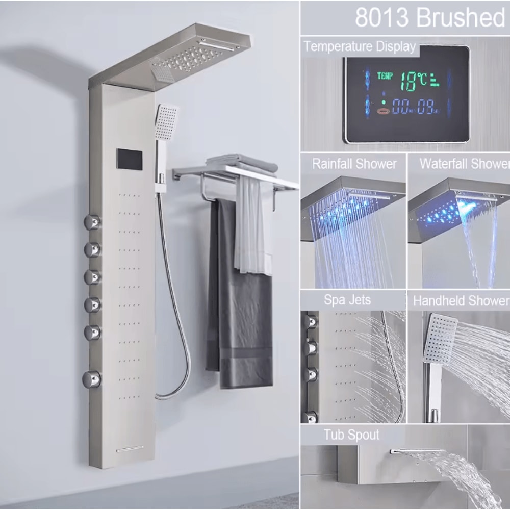 LED Rain Shower Panel System Waterfall And SPA Massage Digital Display Shower Faucet Set 12