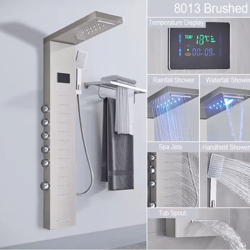 LED Rain Shower Panel System Waterfall And SPA Massage Digital Display Shower Faucet Set 12