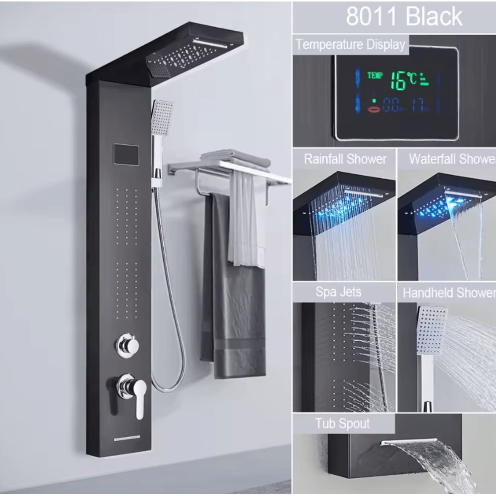 LED Rain Shower Panel System Waterfall And SPA Massage Digital Display Shower Faucet Set 14