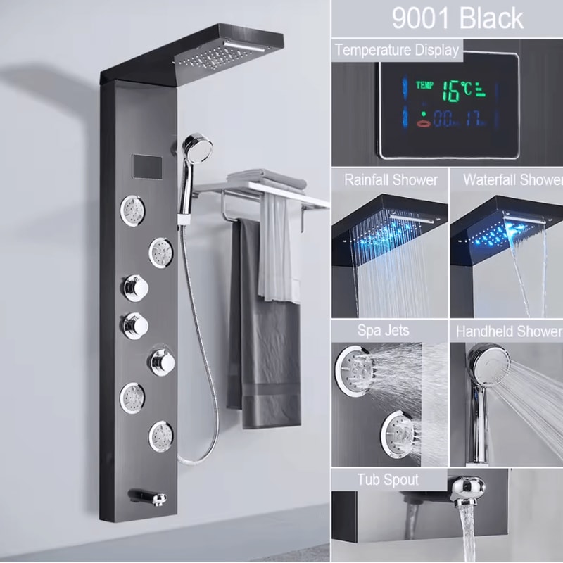 LED Rain Shower Panel System Waterfall And SPA Massage Digital Display Shower Faucet Set 18