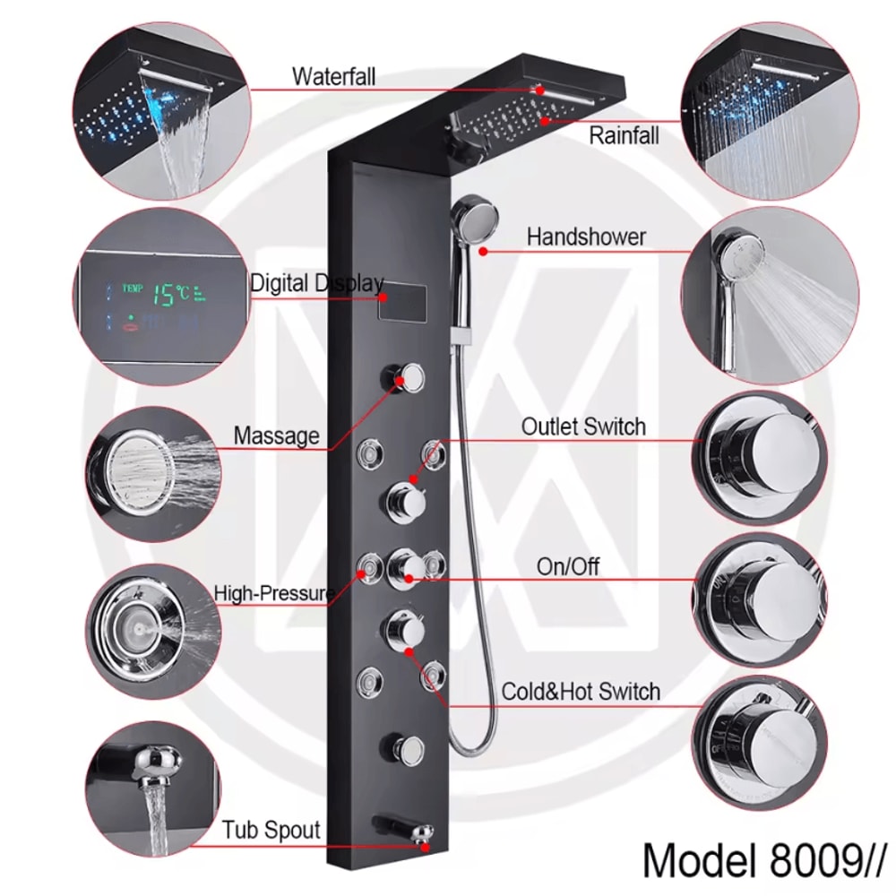 LED Rain Shower Panel System Waterfall And SPA Massage Digital Display Shower Faucet Set 4