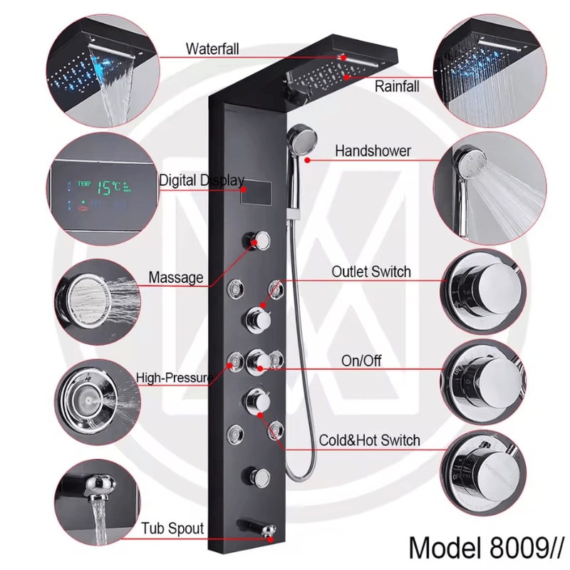 LED Rain Shower Panel System Waterfall And SPA Massage Digital Display Shower Faucet Set 4