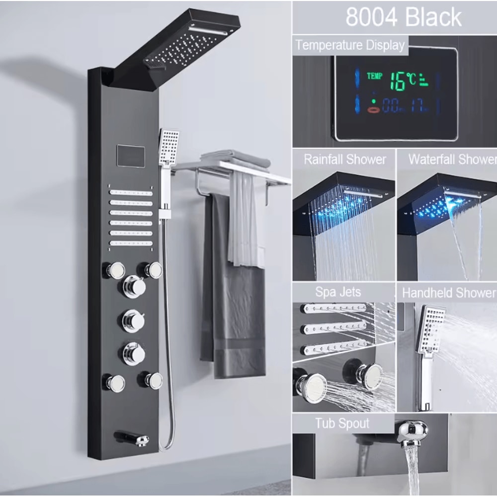 LED Rain Shower Panel System Waterfall And SPA Massage Digital Display Shower Faucet Set 6