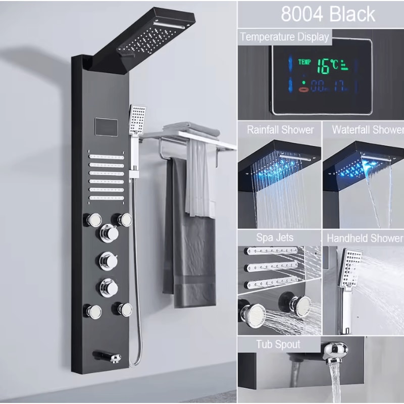 LED Rain Shower Panel System Waterfall And SPA Massage Digital Display Shower Faucet Set 6
