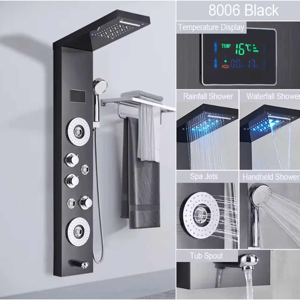LED Rain Shower Panel System Waterfall And SPA Massage Digital Display Shower Faucet Set 7