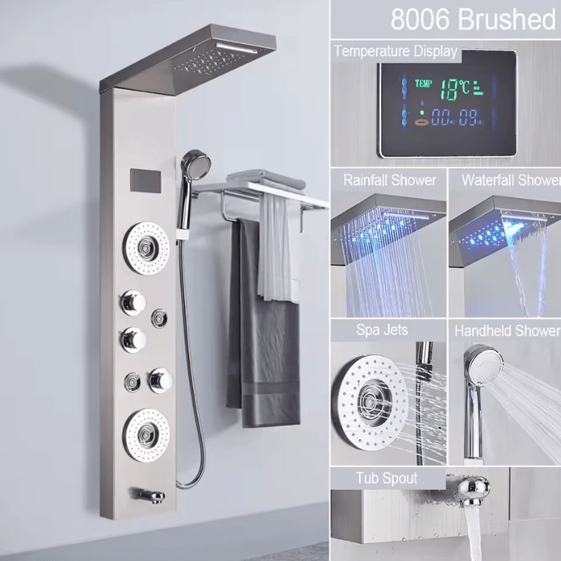 LED Rain Shower Panel System Waterfall And SPA Massage Digital Display Shower Faucet Set 8