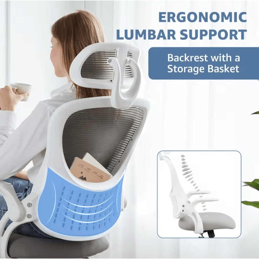 Ergonomic Mesh Office Chair Adjustable Headrest FlipUp Arms And Lumbar Support For Home Office 1