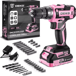 deko 20v pink cordless power drill kit – electric drill tool set for diy and home projects