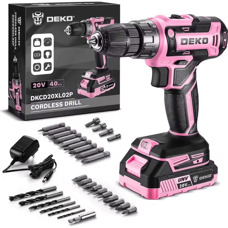 DEKO 20V Pink Cordless Power Drill Kit Electric Drill Tool Set For DIY And Home Projects 0