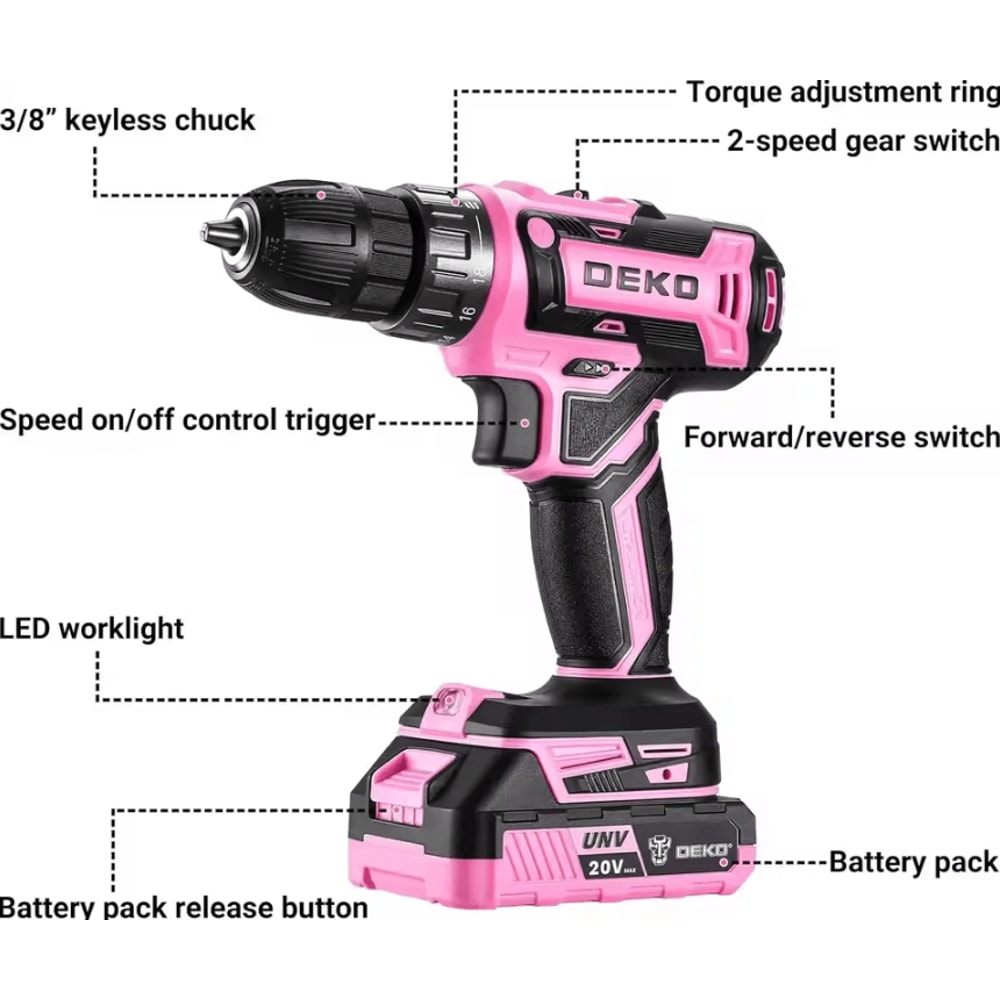 DEKO 20V Pink Cordless Power Drill Kit Electric Drill Tool Set For DIY And Home Projects 1