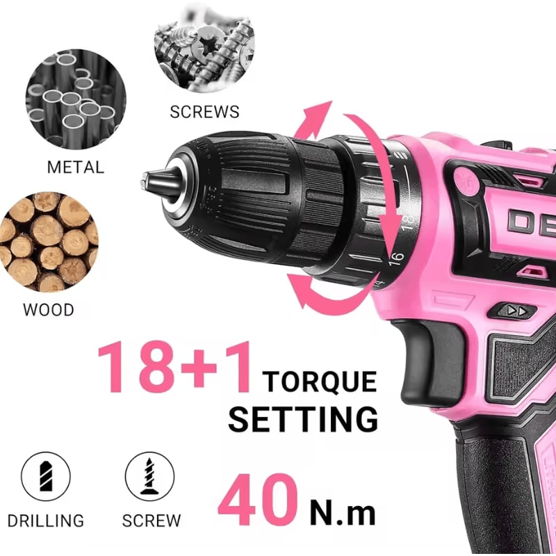 DEKO 20V Pink Cordless Power Drill Kit Electric Drill Tool Set For DIY And Home Projects 2