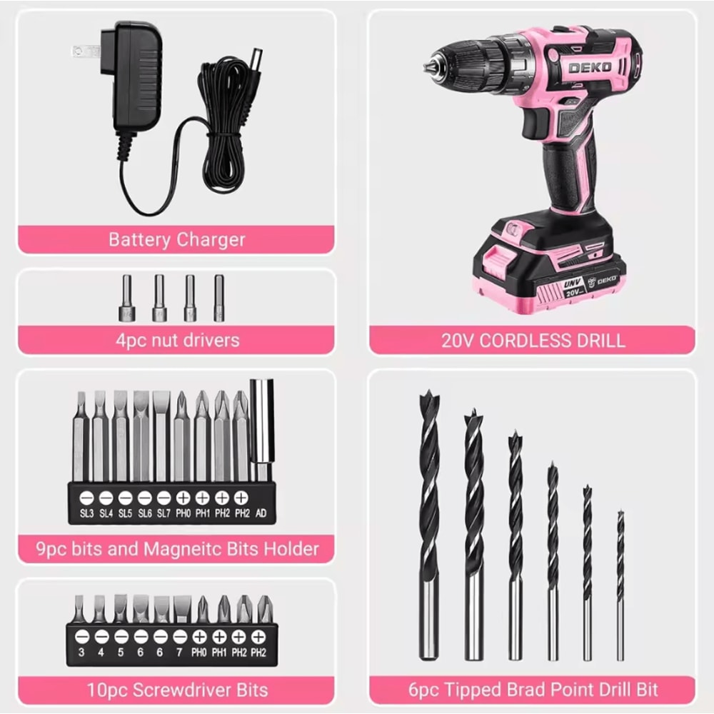 DEKO 20V Pink Cordless Power Drill Kit Electric Drill Tool Set For DIY And Home Projects 3