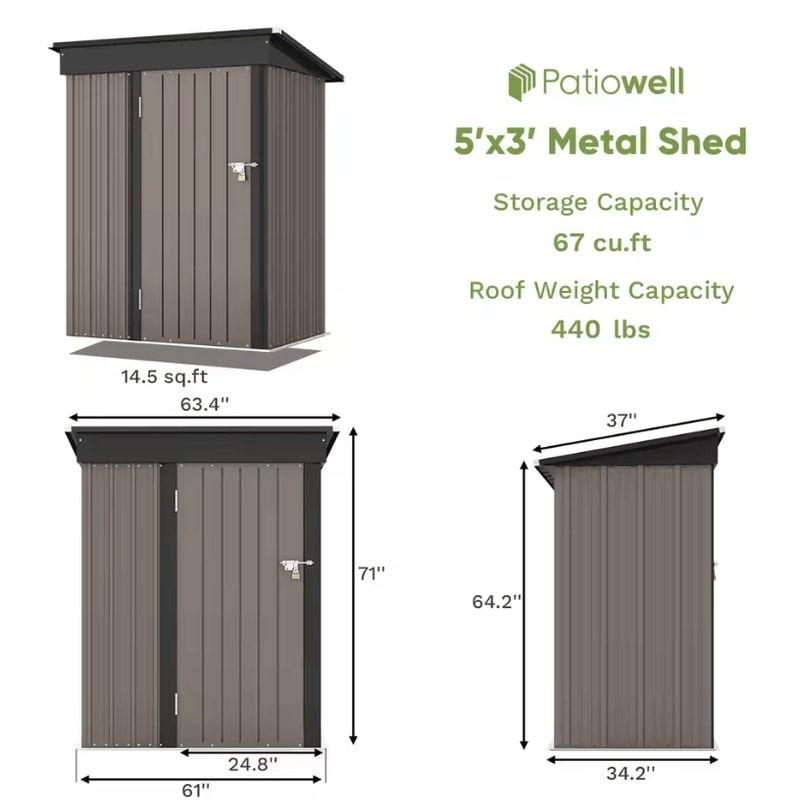Patiowell 5 By 3 FT Outdoor Storage Shed Metal Garden Tool Shed With Sloping Roof And Lockable Doo 5