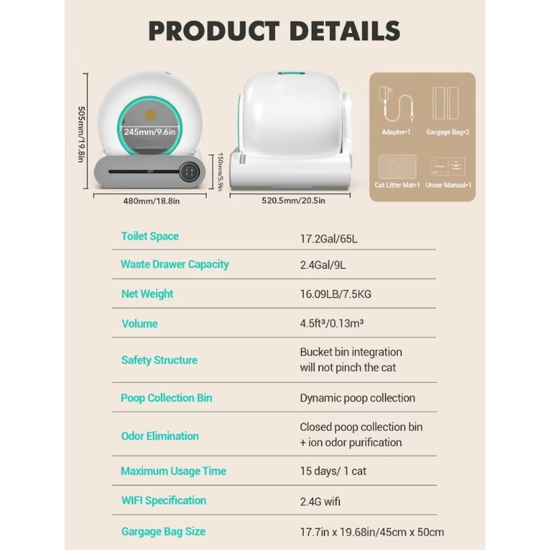 Tonepie 65L Automatic Cat Litter Box Smart SelfCleaning And Fully Enclosed Pet Toilet 3