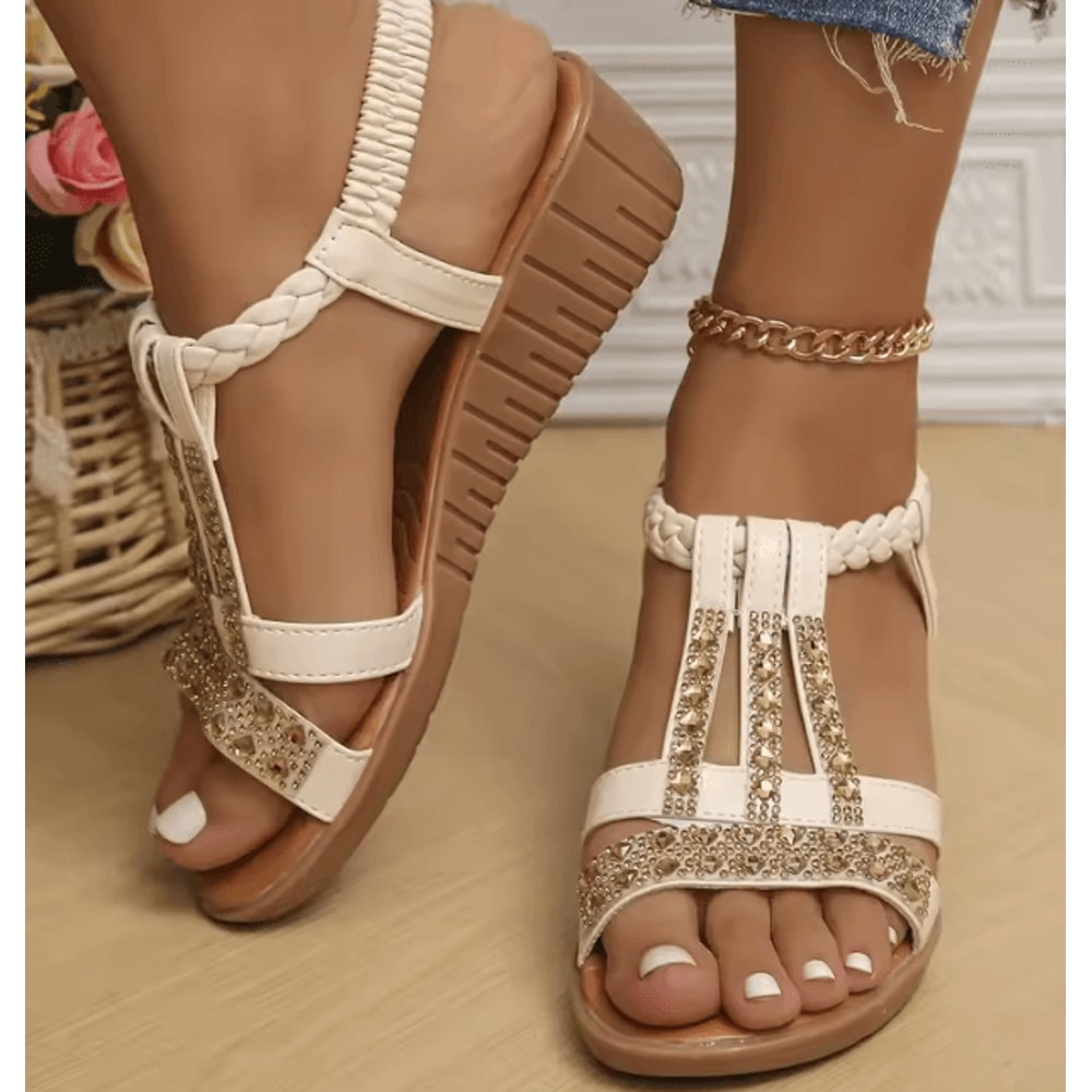 Womens Wedge Sandals Summer Bohemia Rhinestones Casual Platform Beach Shoes Sizes 3443 7