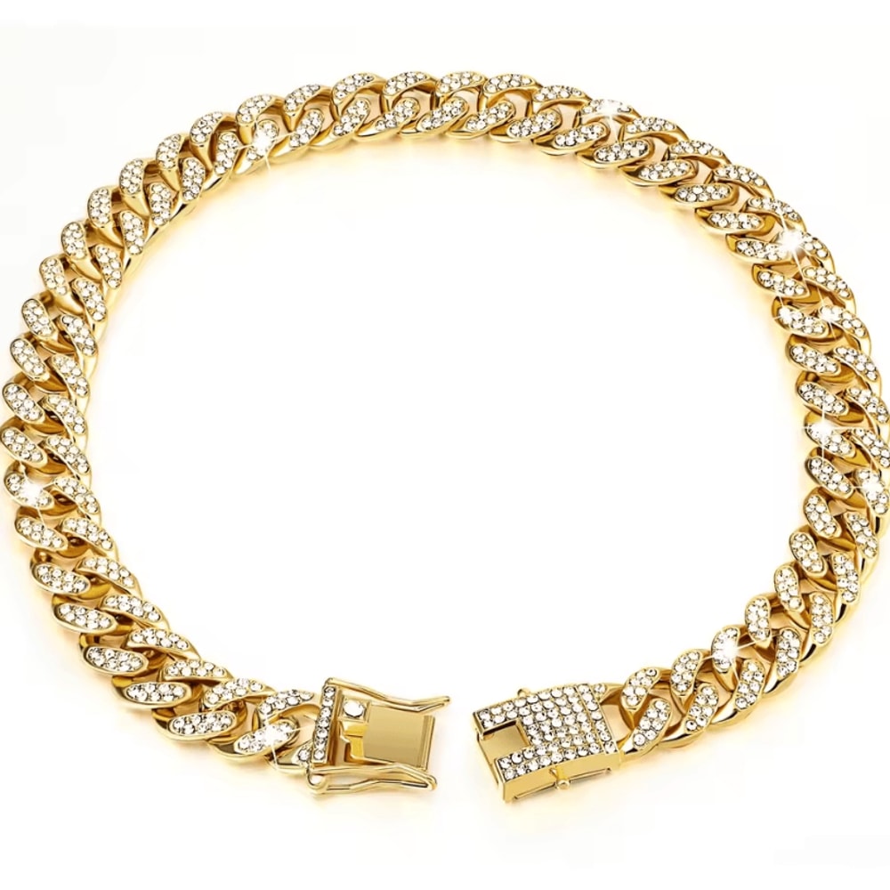 Dog Cuban Chain Collar Stylish Metal Pet Collar With Diamond Design And Secure Buckle 4