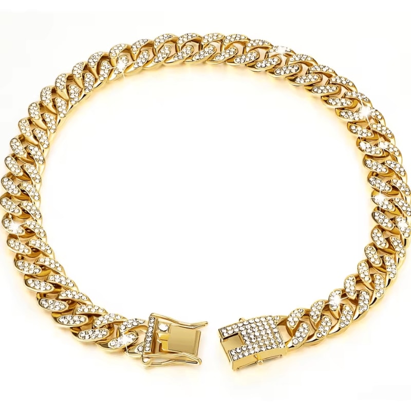 Dog Cuban Chain Collar Stylish Metal Pet Collar With Diamond Design And Secure Buckle 4