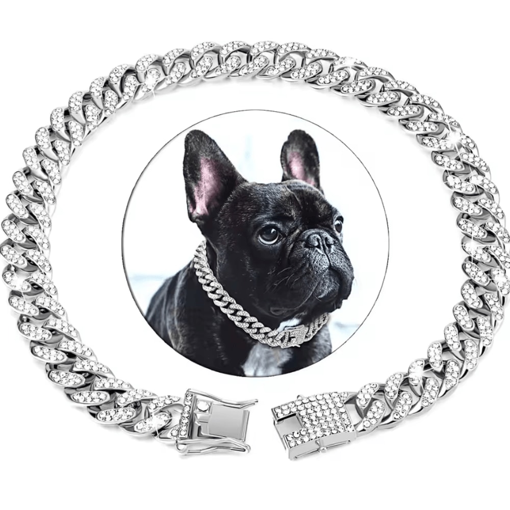 Dog Cuban Chain Collar Stylish Metal Pet Collar With Diamond Design And Secure Buckle 5