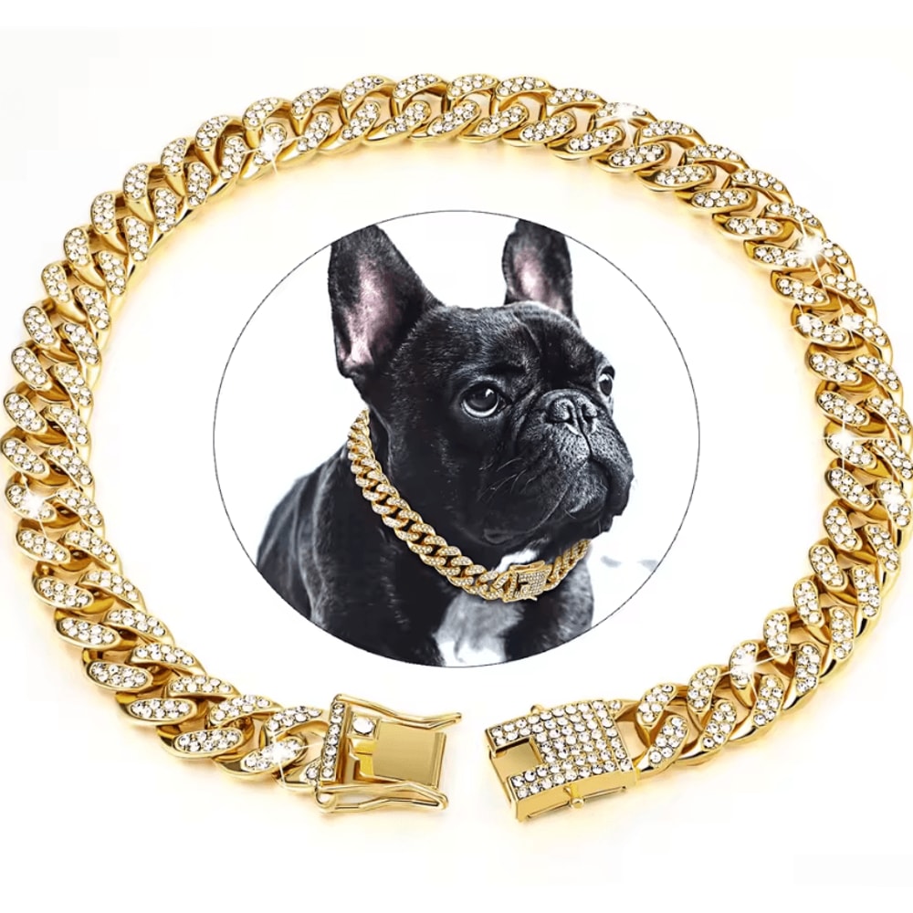 Dog Cuban Chain Collar Stylish Metal Pet Collar With Diamond Design And Secure Buckle 6