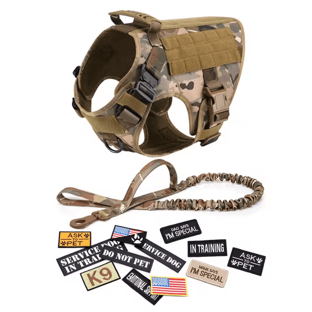 Military Large Dog Harness Set Tactical Vest With Collar Leash Bags And Patches 12