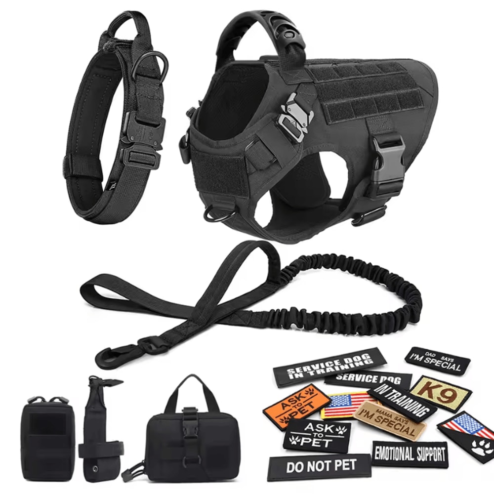 Military Large Dog Harness Set Tactical Vest With Collar Leash Bags And Patches 17