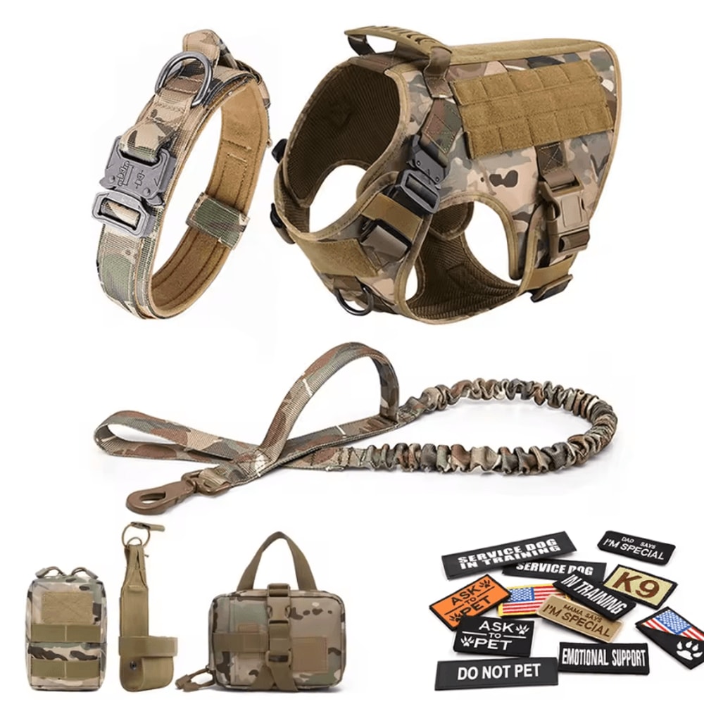 Military Large Dog Harness Set Tactical Vest With Collar Leash Bags And Patches 14