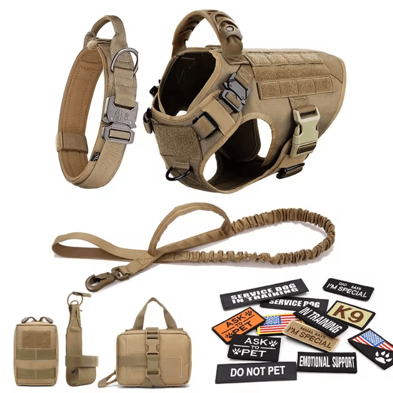 Military Large Dog Harness Set Tactical Vest With Collar Leash Bags And Patches 16