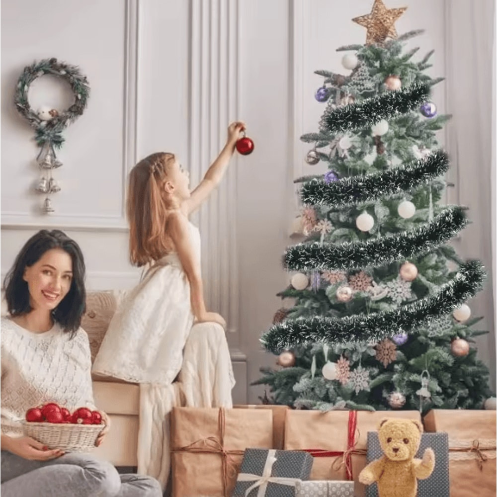 Christmas Tinsel Garland Set Green Cane Wreath And Holiday Hanging Ornaments 3