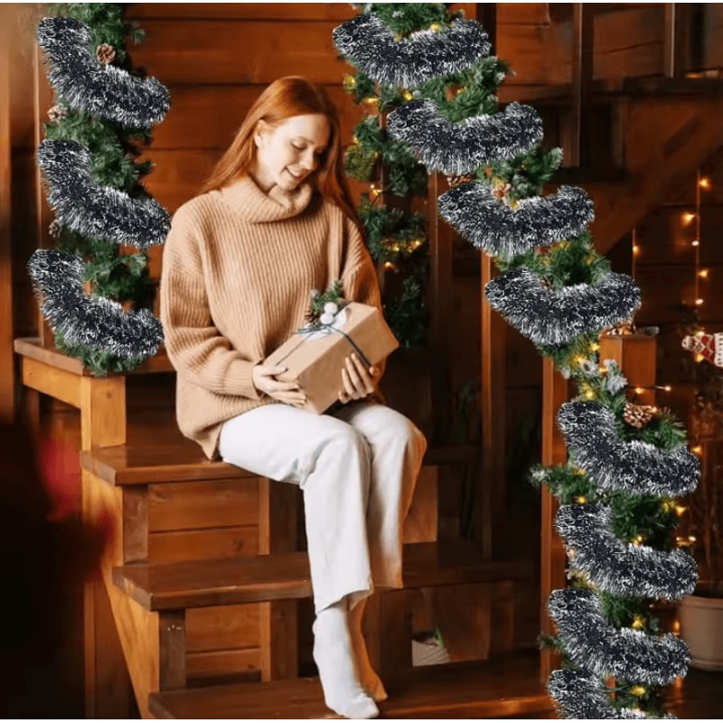 Christmas Tinsel Garland Set Green Cane Wreath And Holiday Hanging Ornaments 4