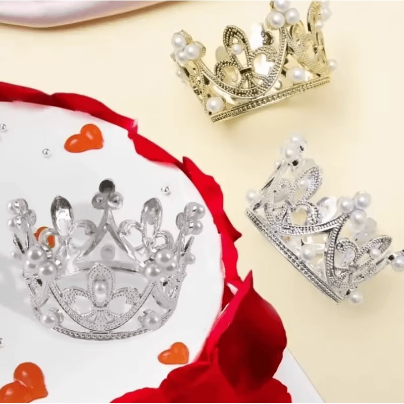 Mini Crown Cake Decoration Pearl Tiara Topper In Gold And Silver For Birthdays And Weddings 16