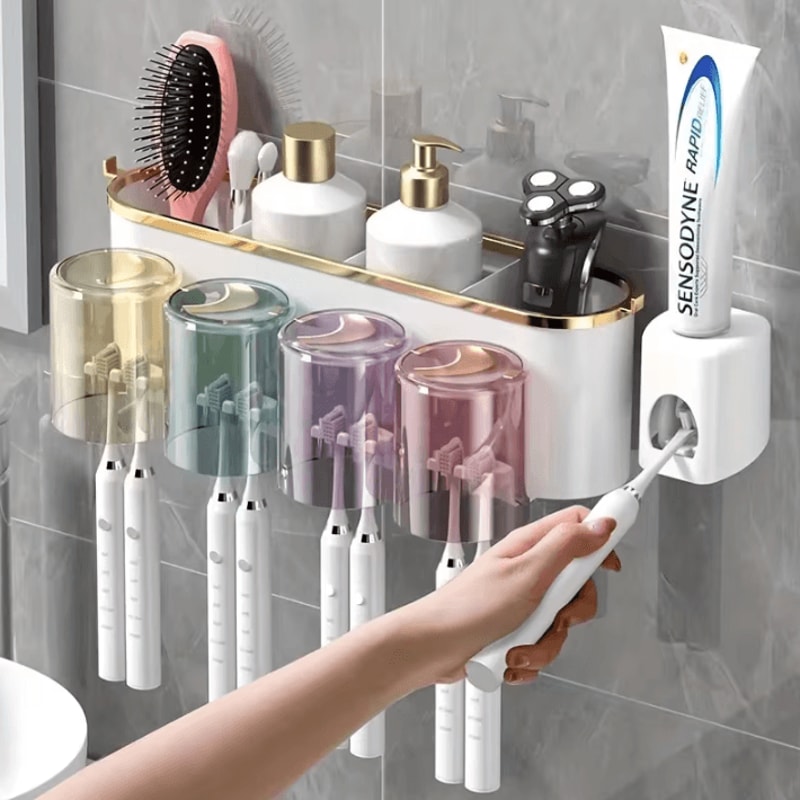 Toothbrush Holder With Squeezer PerforationFree Bathroom Shelf And Mouthwash Cup Organizer 1
