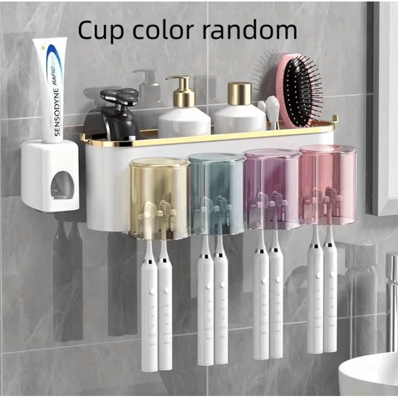 Toothbrush Holder With Squeezer PerforationFree Bathroom Shelf And Mouthwash Cup Organizer 9