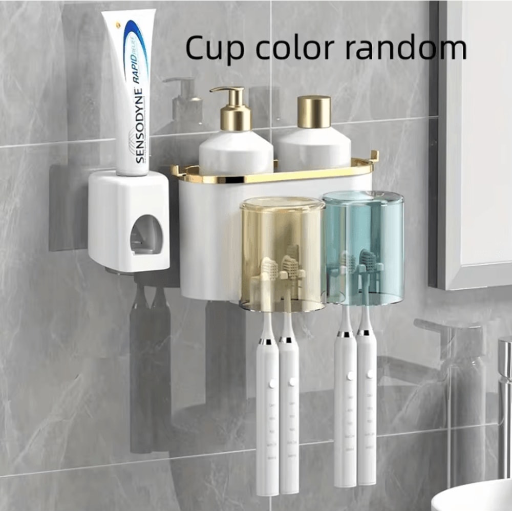 Toothbrush Holder With Squeezer PerforationFree Bathroom Shelf And Mouthwash Cup Organizer 7