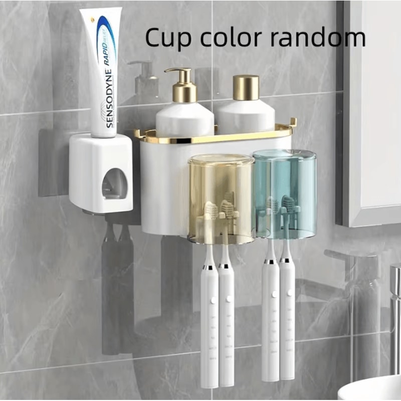 Toothbrush Holder With Squeezer PerforationFree Bathroom Shelf And Mouthwash Cup Organizer 7