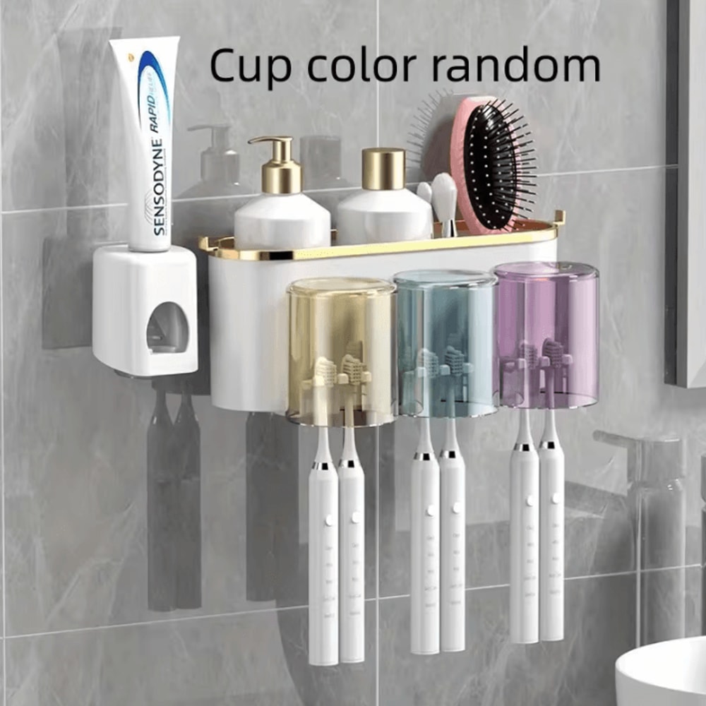 Toothbrush Holder With Squeezer PerforationFree Bathroom Shelf And Mouthwash Cup Organizer 8
