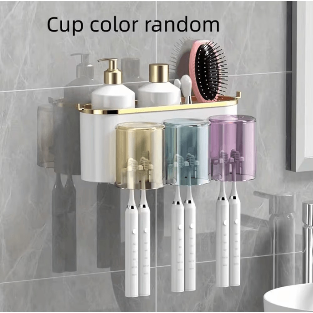 Toothbrush Holder With Squeezer PerforationFree Bathroom Shelf And Mouthwash Cup Organizer 5