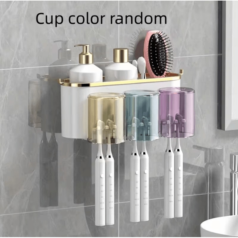 Toothbrush Holder With Squeezer PerforationFree Bathroom Shelf And Mouthwash Cup Organizer 5