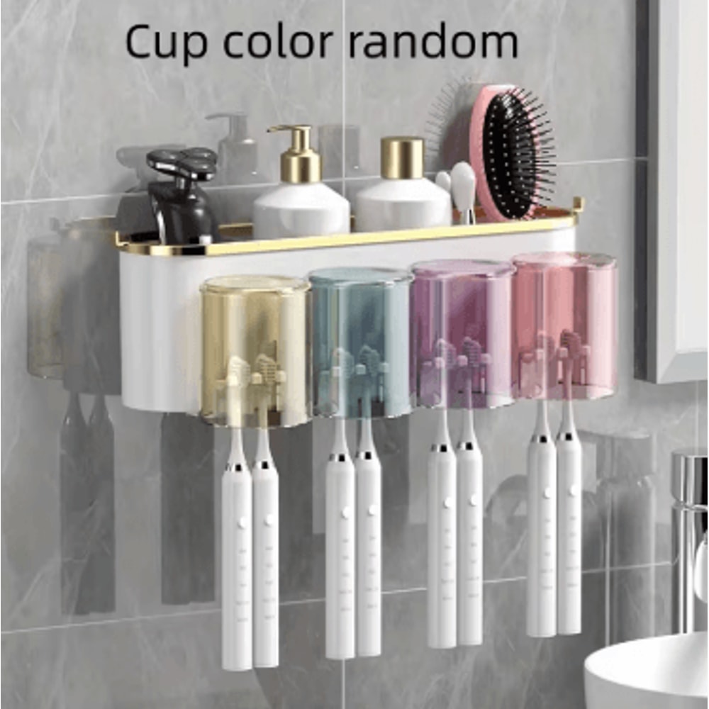 Toothbrush Holder With Squeezer PerforationFree Bathroom Shelf And Mouthwash Cup Organizer 6